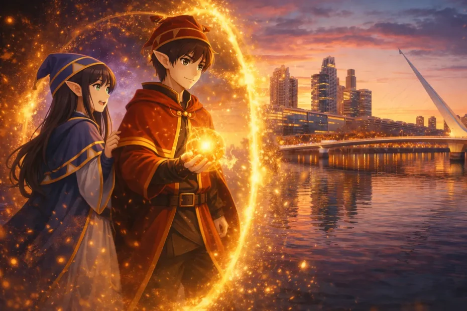 Hikari y Kage cruzando un portal mágico hacia Puerto Madero con el Puente de la Mujer al atardecer