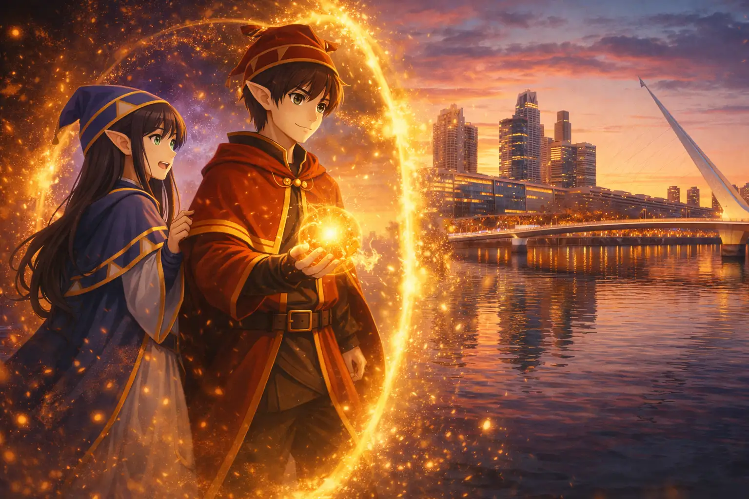 Hikari y Kage cruzando un portal mágico hacia Buenos Aires