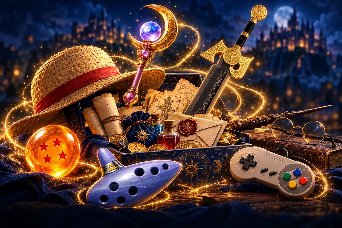 Objetos de distintos fandoms en un cofre mágico