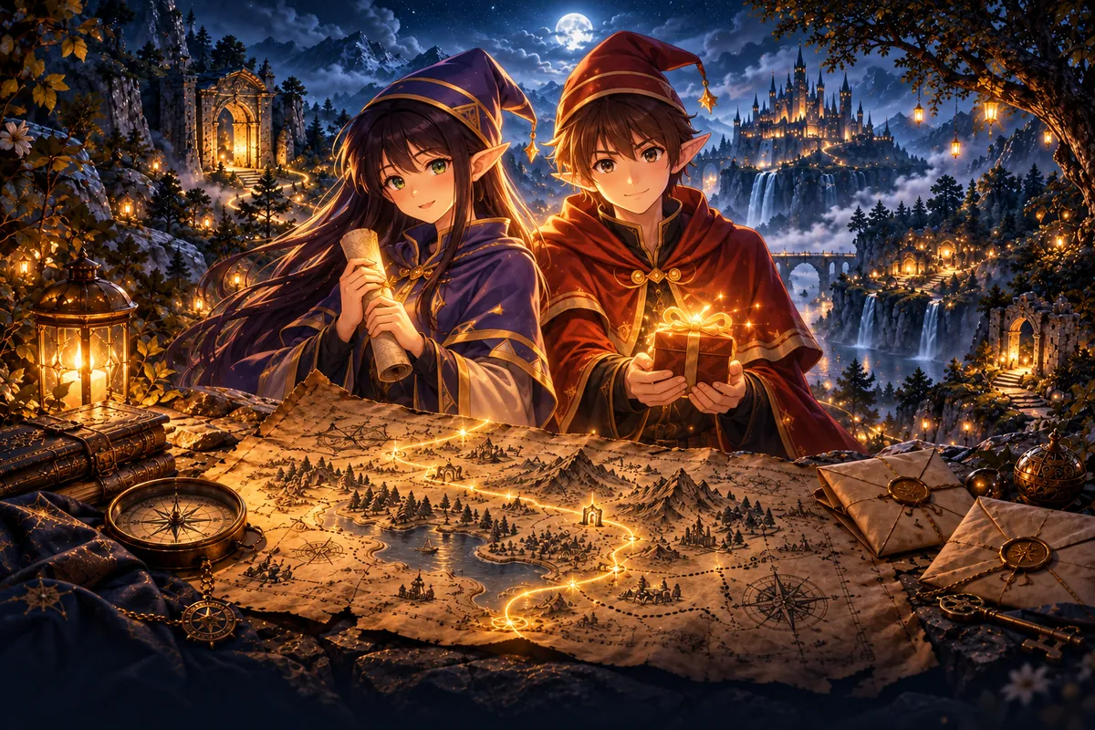 Hikari y Kage con un pergamino y un regalo frente al mapa de la aventura en el reino de Kakurega