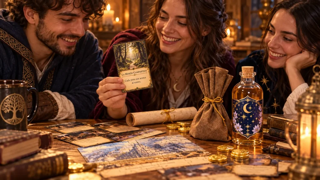 Tres amigos sonrientes leyendo una carta de misión alrededor de una mesa con pociones, mapas y monedas de chocolate