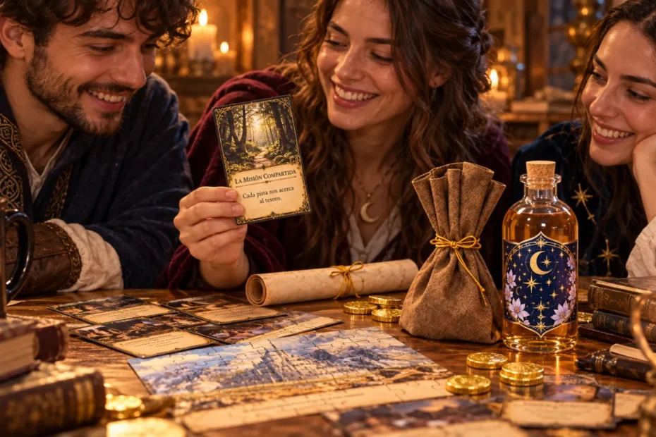 Tres amigos sonrientes leyendo una carta de misión alrededor de una mesa con pociones, mapas y monedas de chocolate