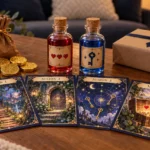 Kit de aniversario gamer con cartas de misión, pociones roja y azul, monedas de chocolate y un regalo
