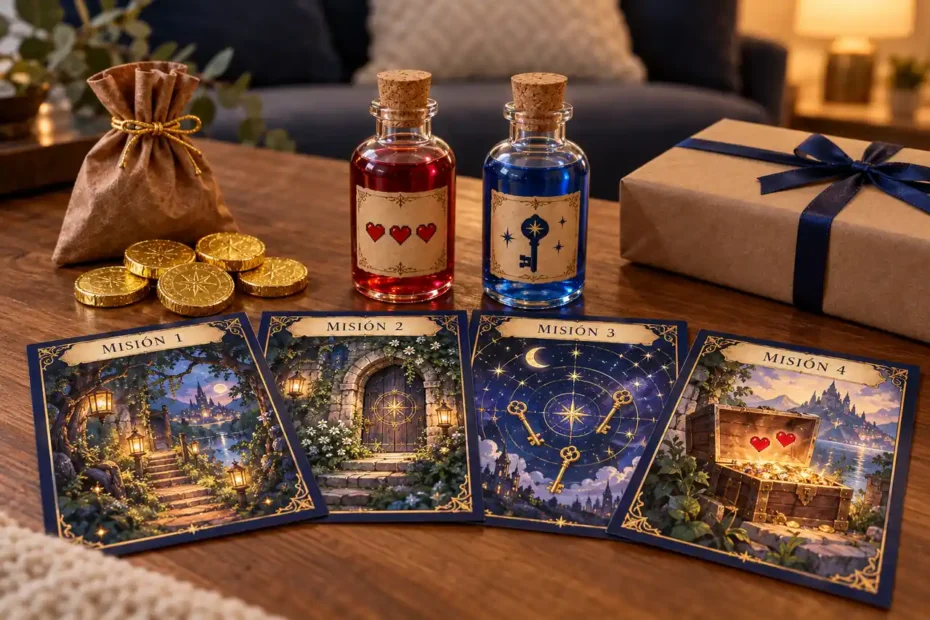 Kit de aniversario gamer con cartas de misión, pociones roja y azul, monedas de chocolate y un regalo