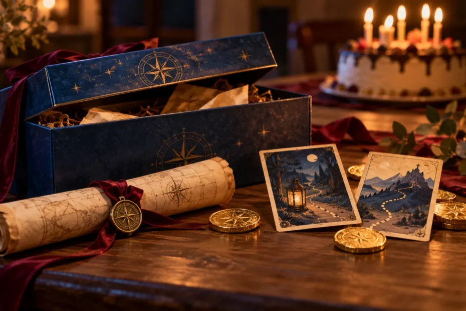 Caja de regalo de cumpleaños abierta con pergamino, cartas de misión y monedas de chocolate, con la torta de fondo