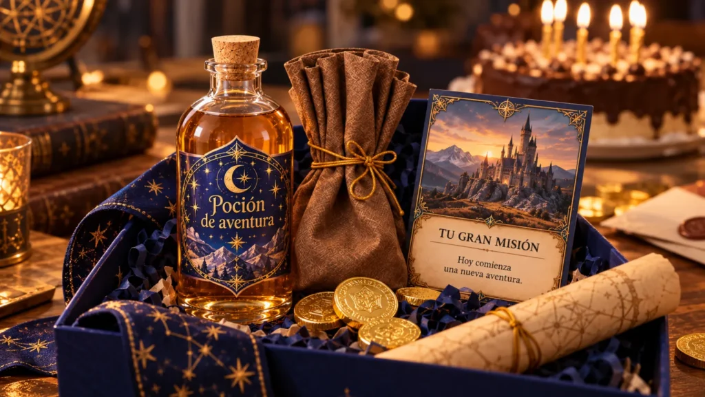 Caja sorpresa de cumpleaños con una poción de aventura, una bolsita de monedas y la carta «Tu gran misión», junto a la torta con velas