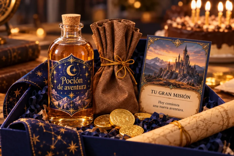Caja sorpresa de cumpleaños con una poción de aventura, una bolsita de monedas y la carta «Tu gran misión», junto a la torta con velas
