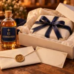 Regalo envuelto con cinta azul dentro de una caja abierta, junto a una nota sellada y una botella con etiqueta El comienzo.