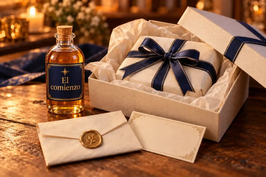 Regalo envuelto con cinta azul dentro de una caja abierta, junto a una nota sellada y una botella con etiqueta El comienzo.