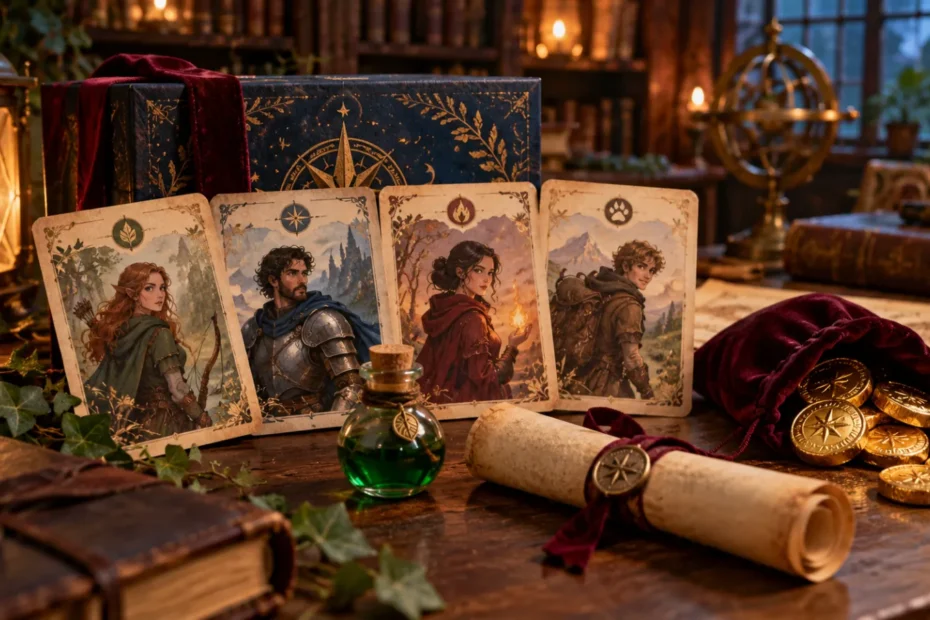 Kit de búsqueda del tesoro de fantasía con cartas de personajes ilustrados, una poción verde, pergamino y monedas