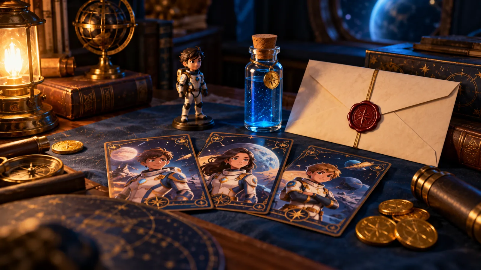 Kit de misión espacial para un geek con cartas de astronautas, una poción azul y un sobre con sello de lacre