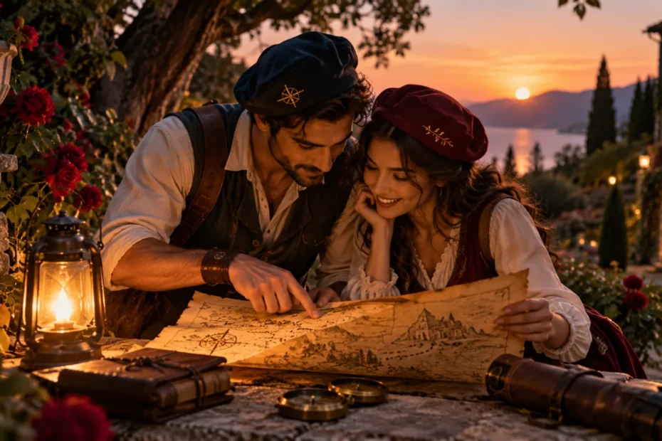 Pareja leyendo un mapa del tesoro al atardecer en un jardín, en medio de una búsqueda del tesoro romántica