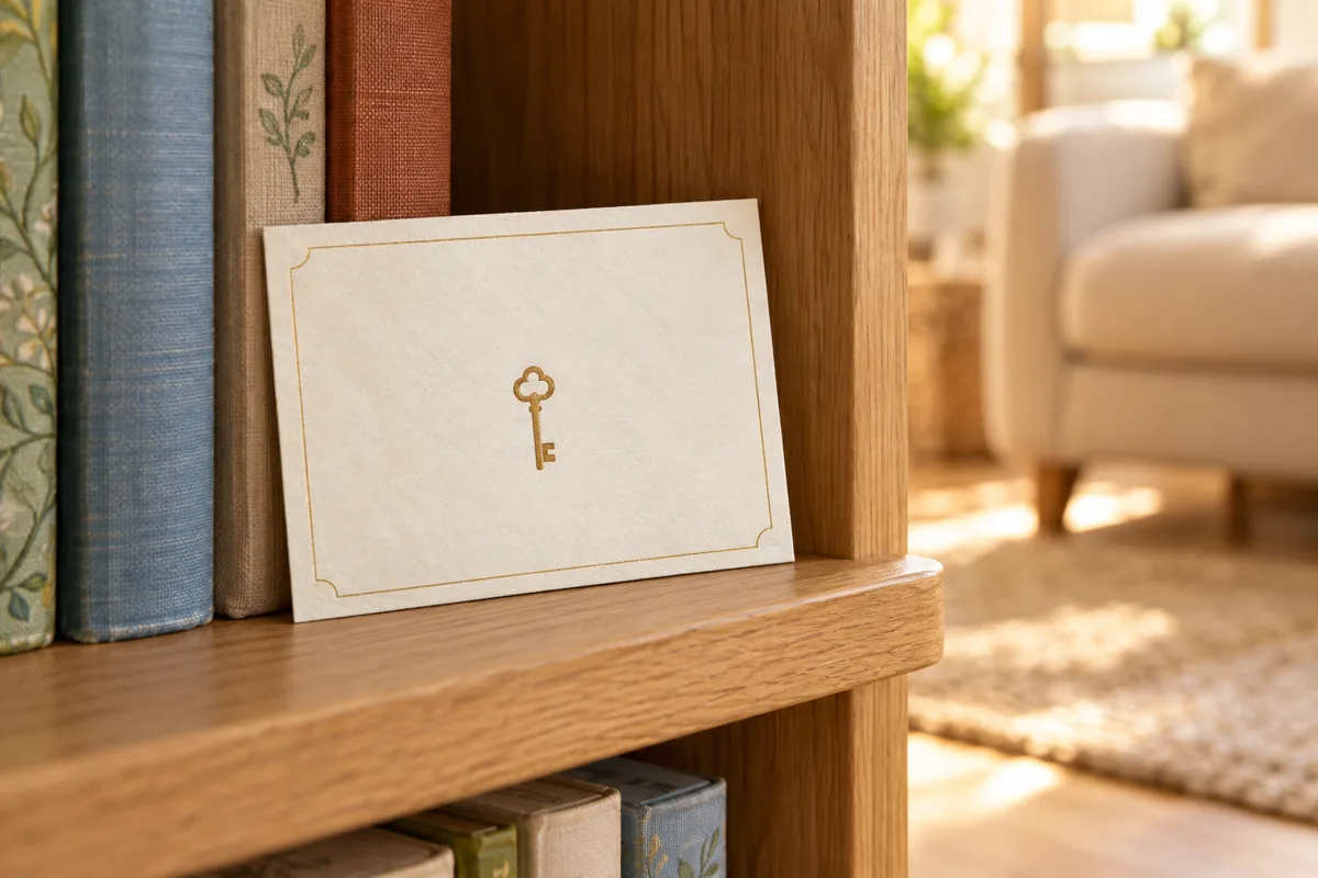 Tarjeta con una llave junto a libros en un estante bajo