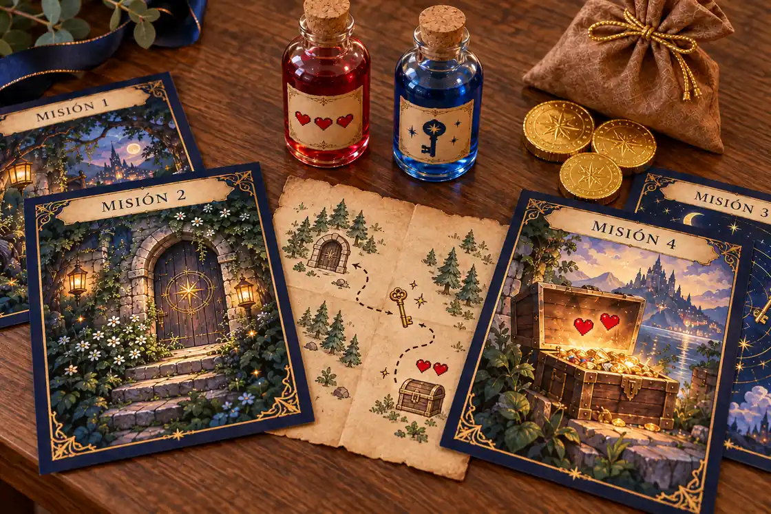 Cartas de misión y mapa de pistas junto a pociones y monedas para una aventura de aniversario gamer
