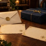 Pistas de pergamino, sobre sellado y regalo azul marino sobre una mesa iluminada con luz cálida.