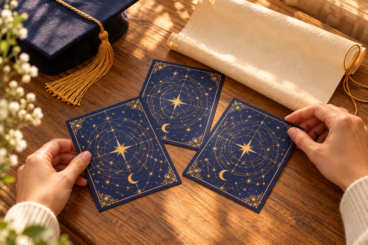 Manos preparando tarjetas y un pergamino para una búsqueda del tesoro de graduación