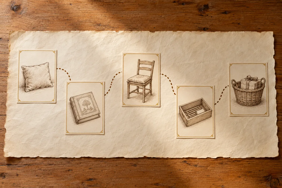Recorrido ilustrado con un almohadón, un libro, una silla, una caja de arte y la canasta del tesoro