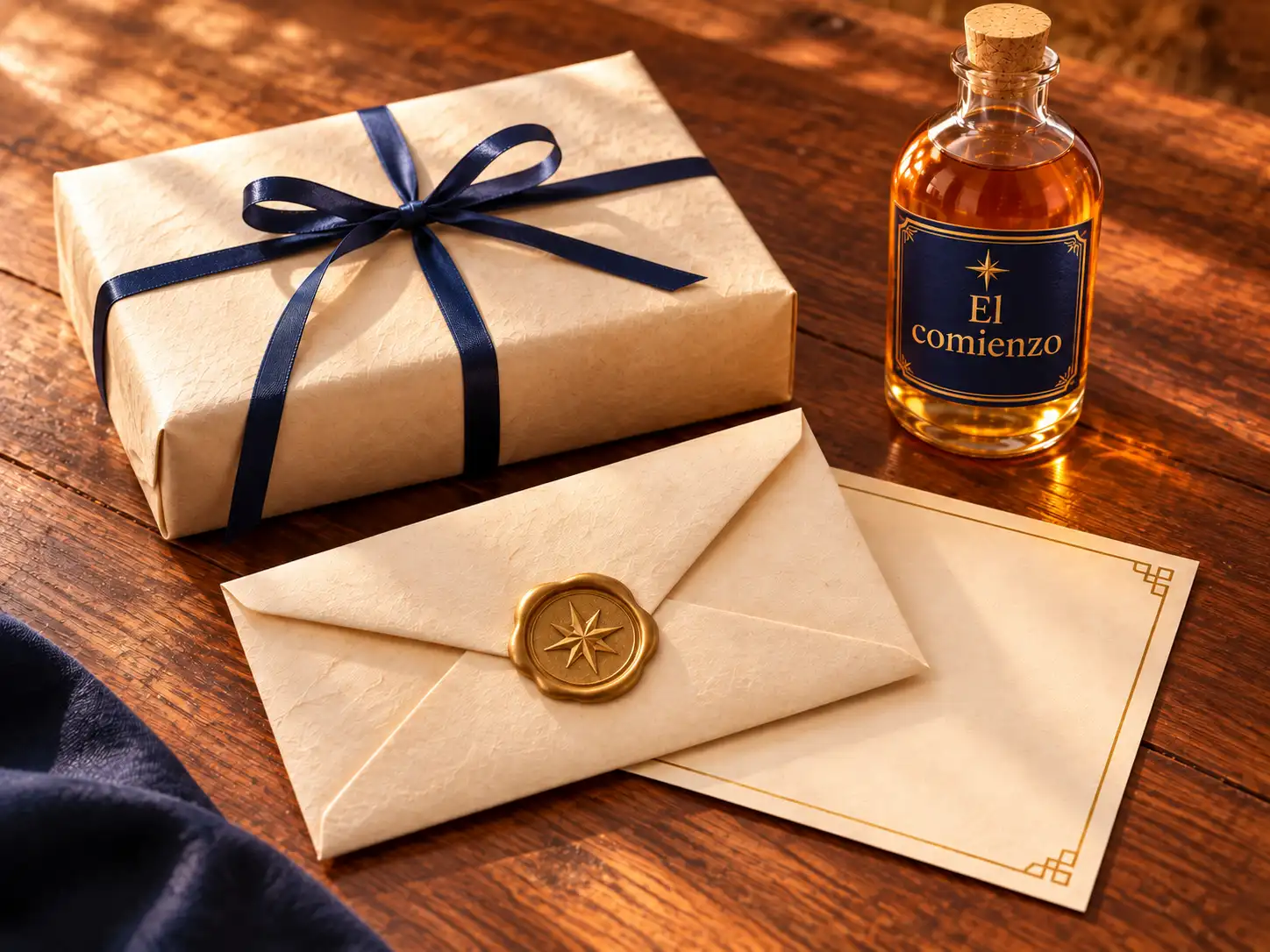 Nota de papel marfil con sello dorado junto a un regalo envuelto y una botella con etiqueta El comienzo sobre una mesa de madera.