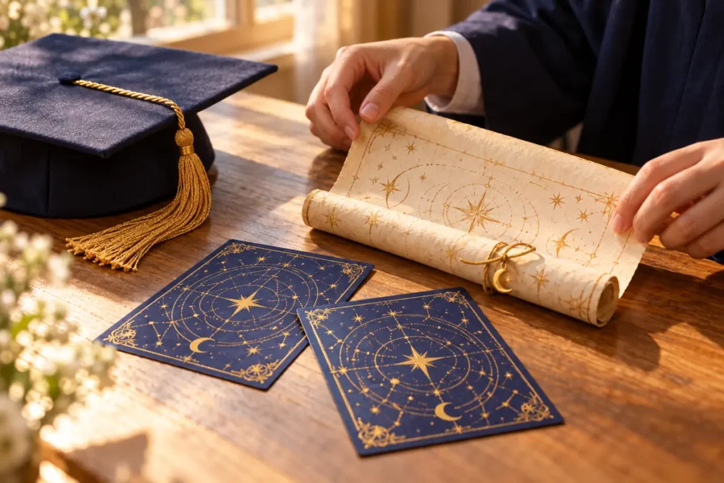 Birrete azul junto a un pergamino y tarjetas de una búsqueda del tesoro de graduación