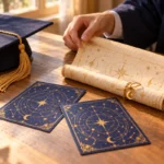 Birrete azul junto a un pergamino y tarjetas de una búsqueda del tesoro de graduación